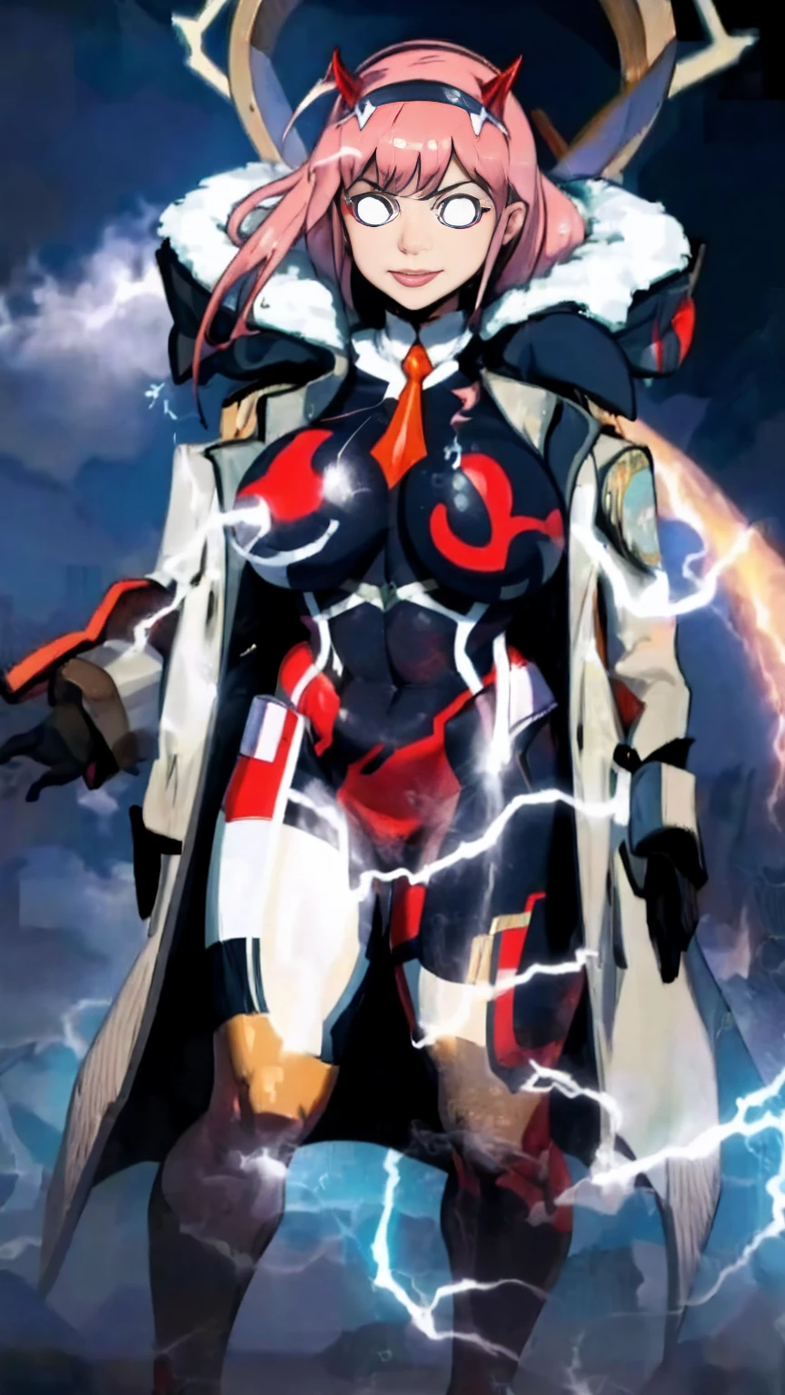 masterpiece, best quality, IncrsLowTier, electricity, glowing eyes zerotwo horns, hairband, necktie, red dress, pantyhose horns, hairband, red bodysuit, armlet, mecha horns, hairband, white bodysuit, white gloves, cap, red dress, white gloves, jacket on shoulders, pantyhose, cyber_armor body_suit,huge_breast, tall female, fulll body, sun light, smile,, sun aura,, boots, standing, smile, lips, red lips,,,{best quality}, {amazing quality} {best quality},{amazing quality},, {absurdres},{{highres}}, {very aesthetic}, {detailed}, curvy, tall, huge breast, character focus, white background,full-length portrait,, huge hips, huge muscles, huge thighs, curvaceous, venus figure,full body, full portrait