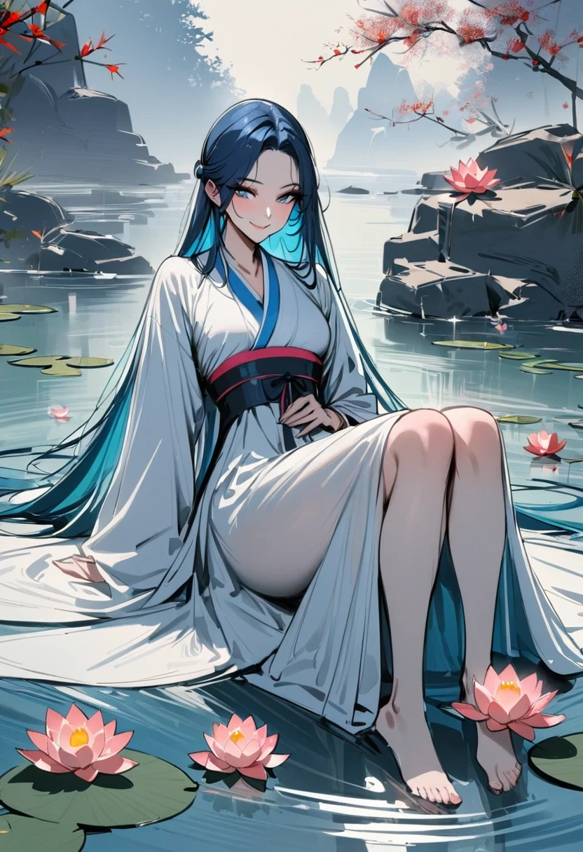 ((4K,masterpiece,best quality)), Bisim, Traditional Chinese ink painting, lotus, Hanfu, maxiskit, Dress conservatively 1girl, Solitary, Blue long hair, Smile, permanent, Feet in water, barefoot,