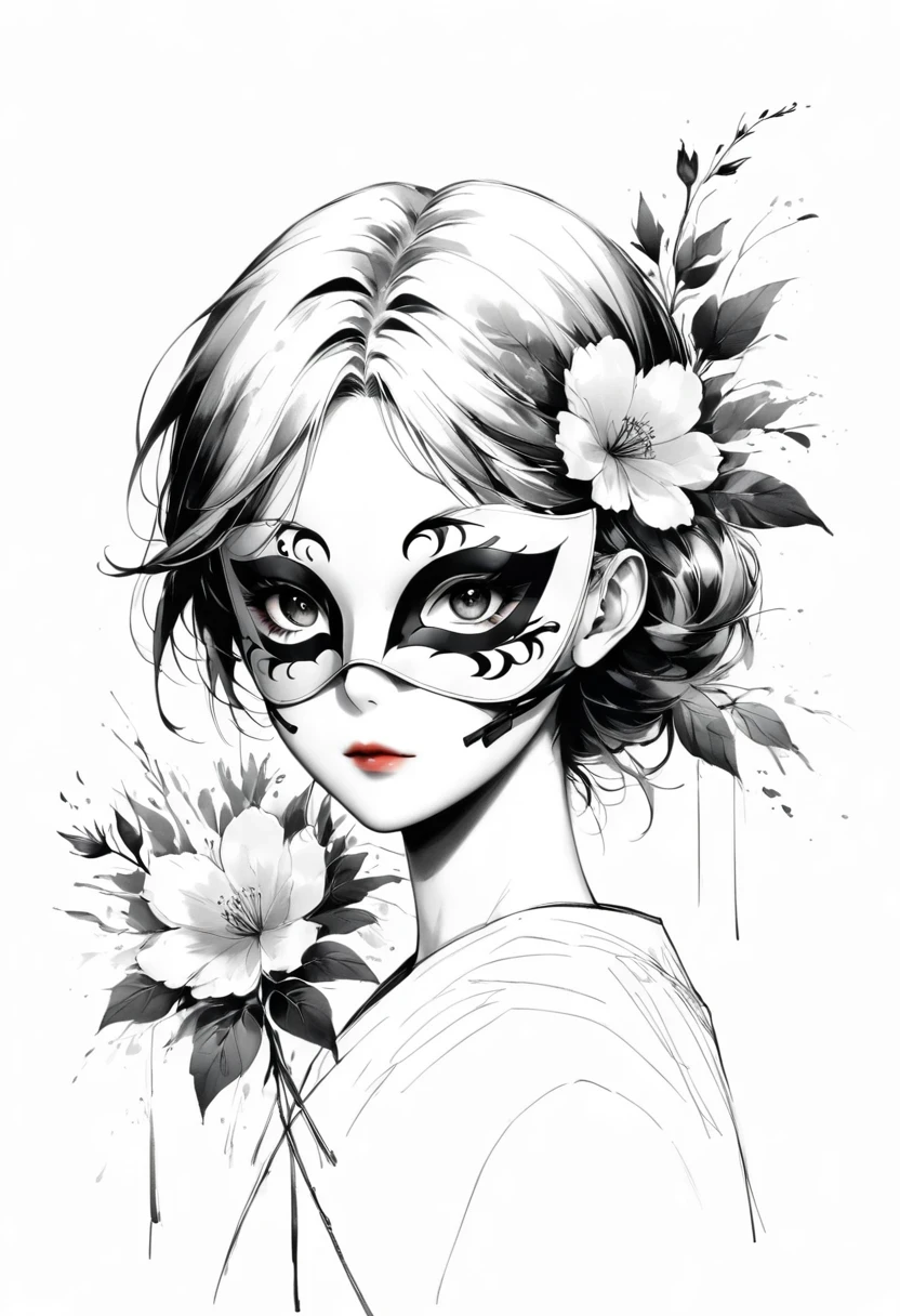(Anime line drawing:1.5)，(Black and White:1.45)，Minimalism，(Line art:1.6)，sketch，charcoal drawing，mask，flower