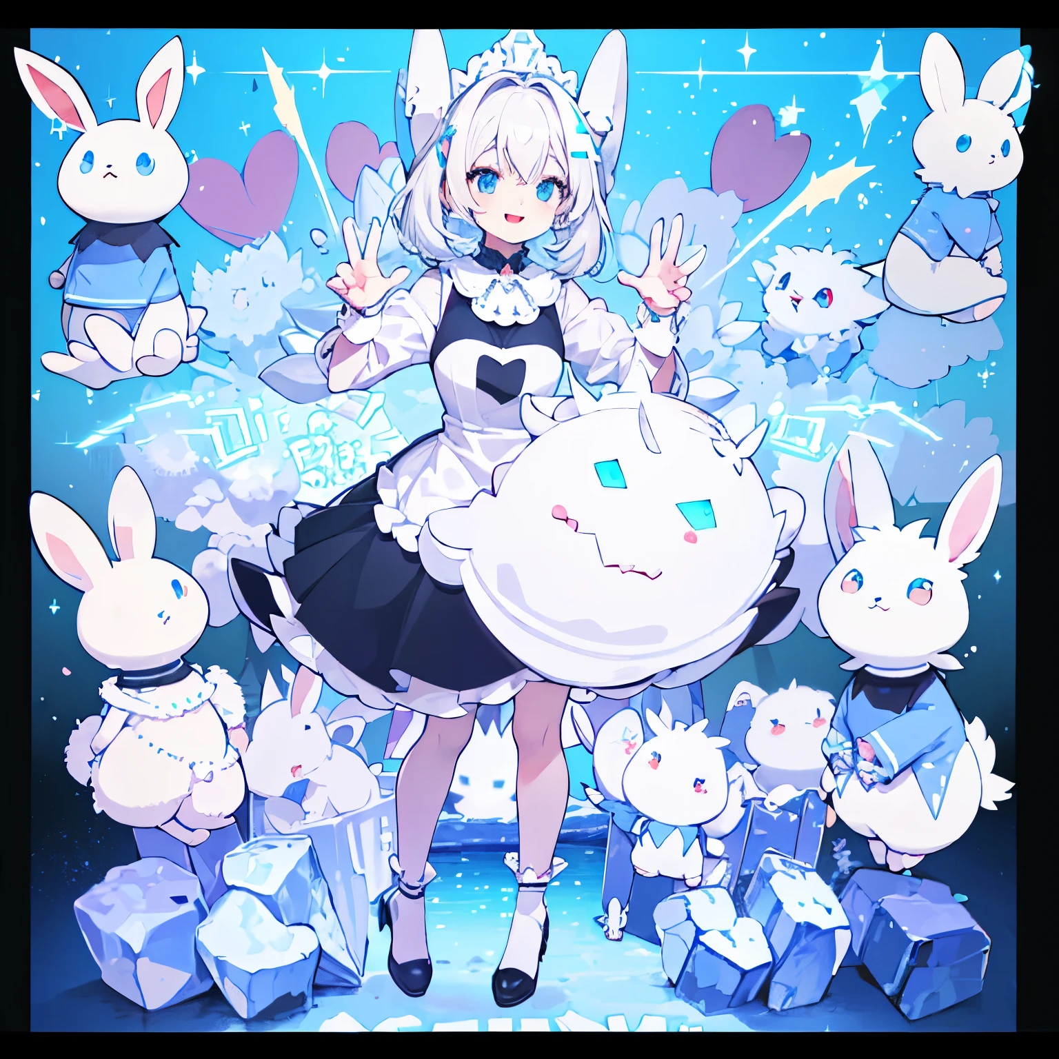 White bunny, furry,tiny,big black dress, looks excited,cheerful smile,big blue glowly eyes looking,video game theme,2d