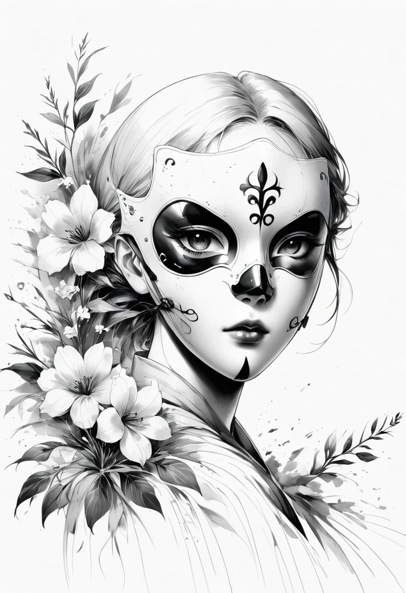 (Anime line drawing:1.5),(Black and White:1.45),Minimalism,(Line art:1.6),sketch,charcoal drawing,mask,flower