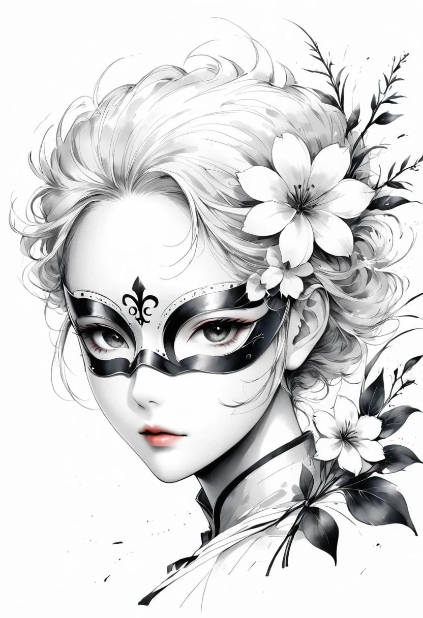 (Anime line drawing:1.5),(Black and White:1.45),Minimalism,(Line art:1.6),sketch,charcoal drawing,mask,flower