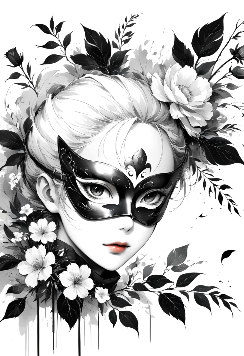 (Anime line drawing:1.5)，(Black and White:1.45)，Minimalism，(Line art:1.6)，sketch，charcoal drawing，mask，flower