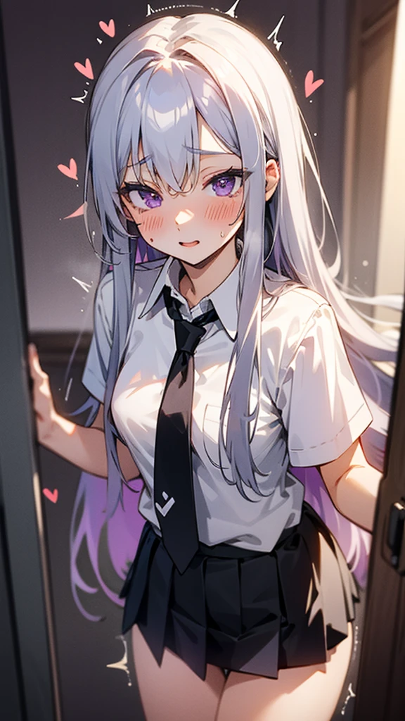  naked, blush, heart eyes, long hair, trembling body, white shirt, Black miniskirt , necktie, silver hair, purple eyes, NSFW 