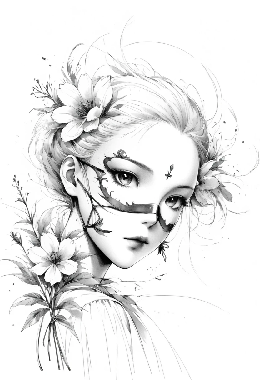(Anime line drawing:1.5)，(Black and White:1.45)，Minimalism，(Line art:1.6)，sketch，charcoal drawing，mask，flower