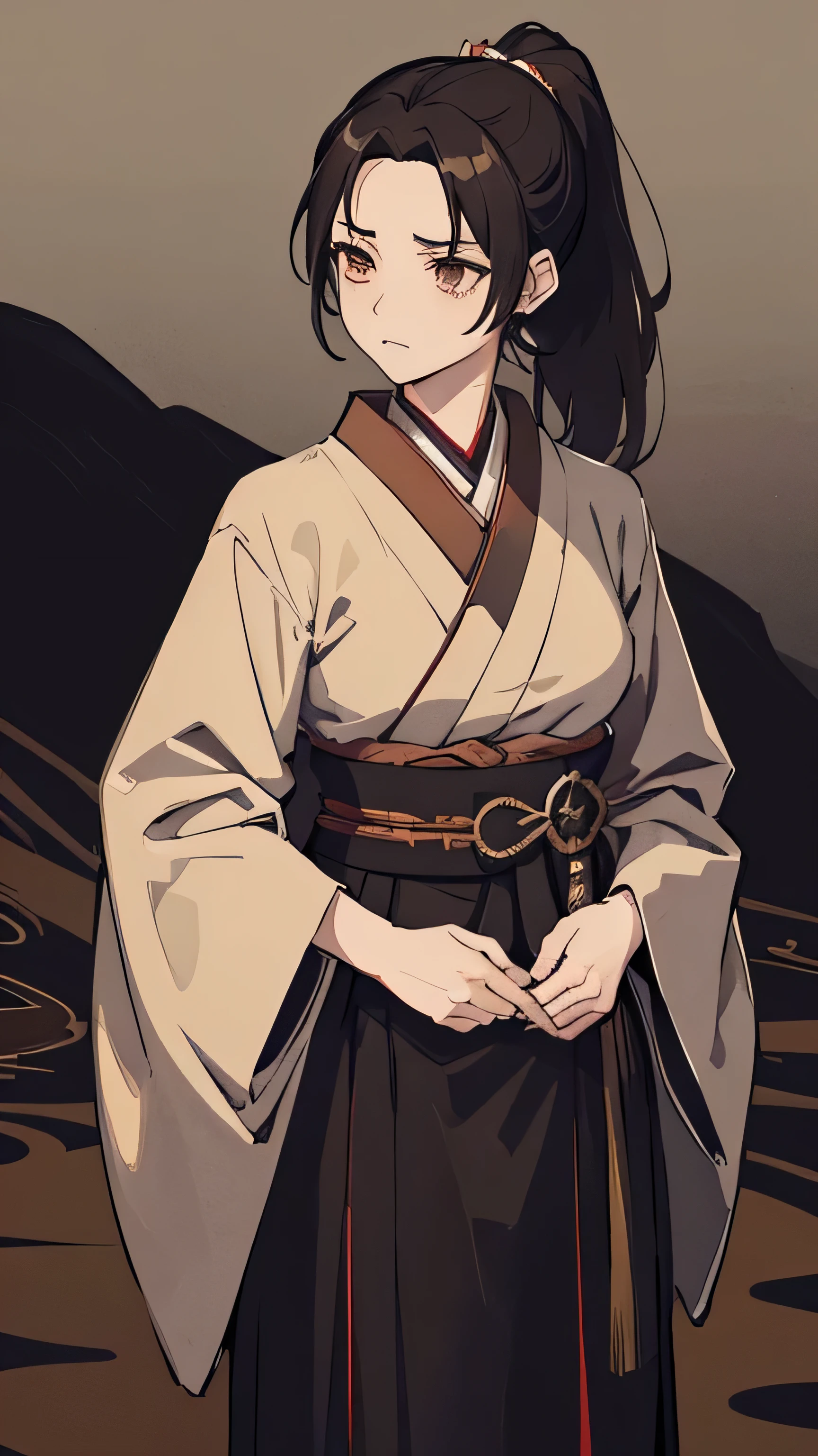 taisho period Japan woman, grunge aesthetic, eerie moorlands behind her, eerie thriller aesthetic, moody aesthetic, ominous, gloomy style, medium length dirty brown hair, ponytail, kimetsu no yaiba, wearing tan kimono, katana on waist, katana, samurai, brown eyes, katanas, tan kimono, tan clothes