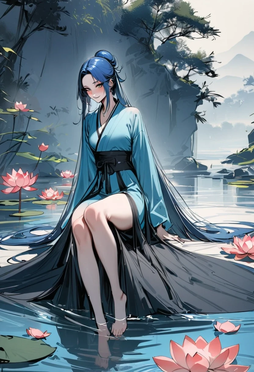 ((4K,masterpiece,best quality)), Bisim, Traditional Chinese ink painting, lotus, Hanfu, maxiskit, Dress conservatively 1girl, Solitary, Blue long hair, Smile, permanent, Feet in water, barefoot,