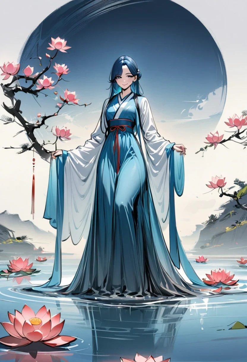 ((4K,masterpiece,best quality)), Bisim, Traditional Chinese ink painting, lotus, Hanfu, maxiskit, Dress conservatively 1girl, Solitary, Blue long hair, Smile, permanent, Feet in water, barefoot,