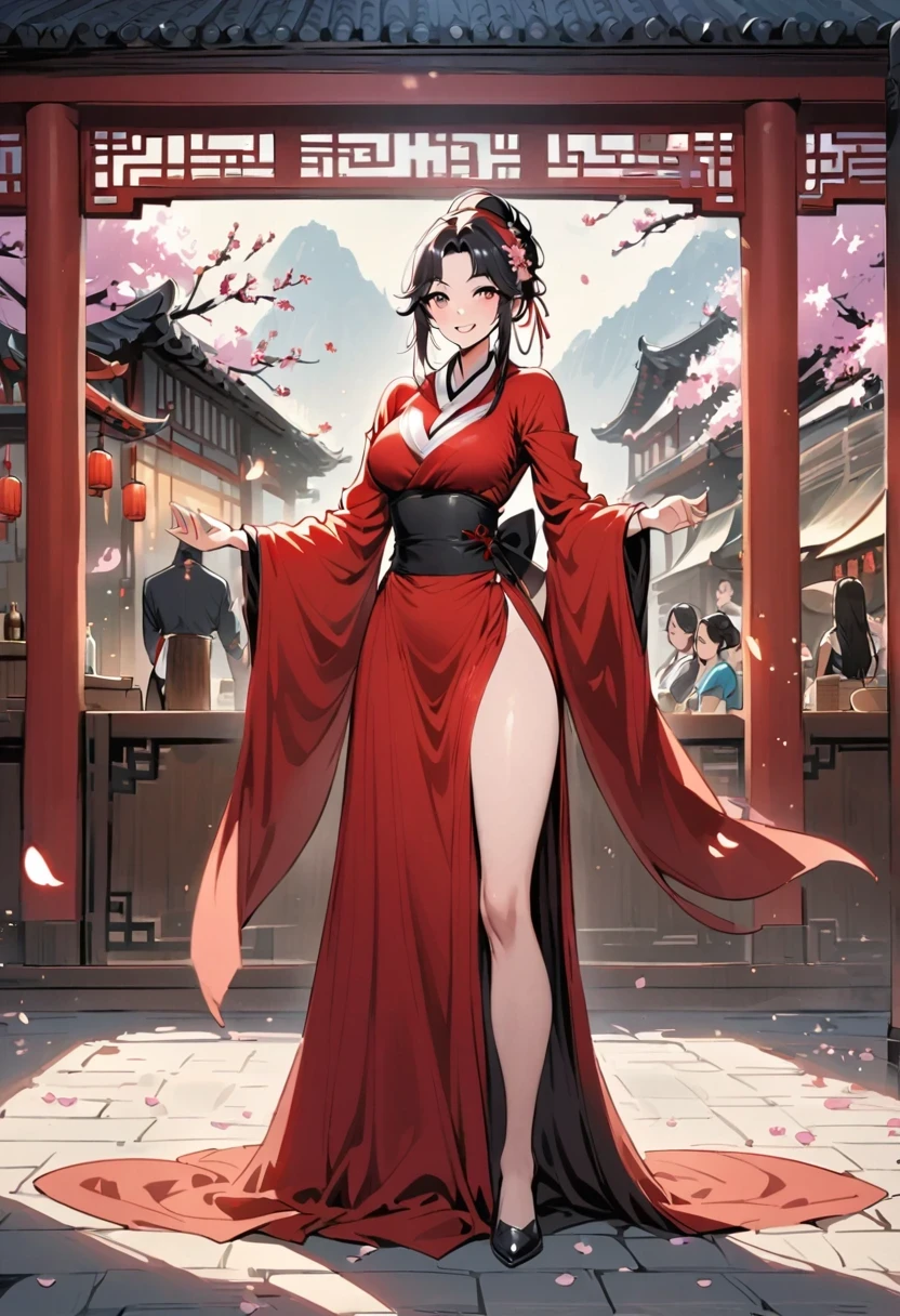 China，Tavern hostess，owner，Red Hanfu，Beautiful hair accessories，Stand up，front，Looking at the audience，Full Body Love，Standing solemnly，Smile，Spring breeze full of petals，Maximum chest，Bare thighs，Fully understand