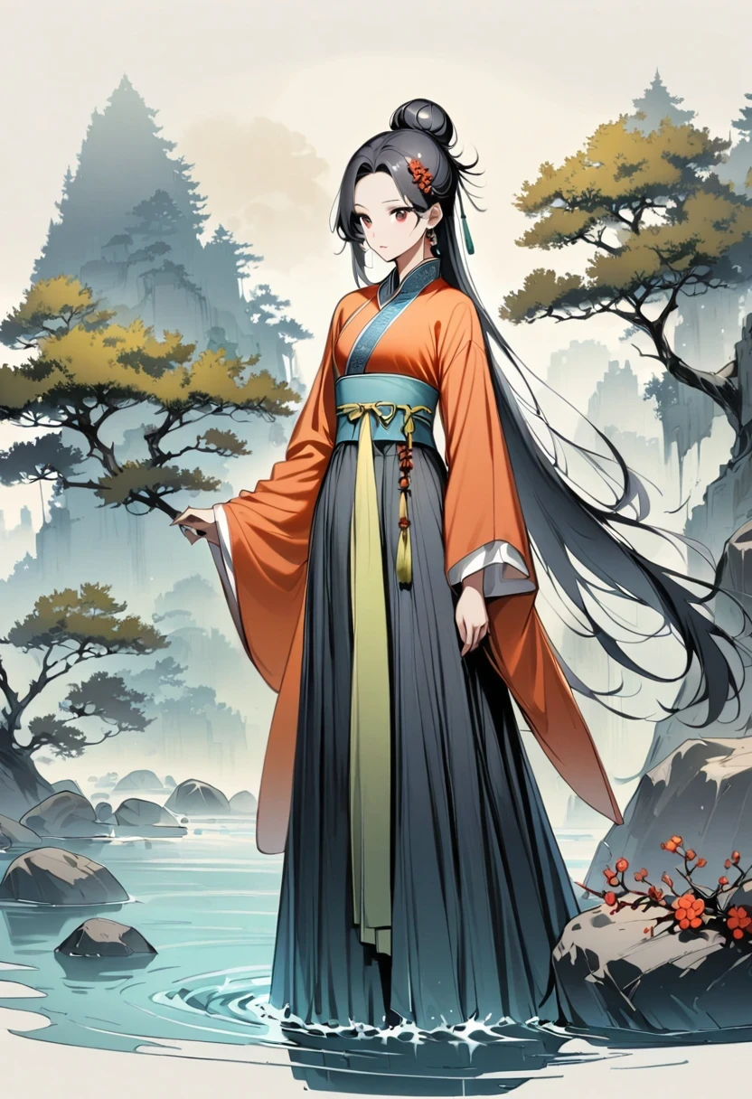 manganese,1 Girl,Solitary,Long hair,water,Black Hair,jewelry,Hair Bun,earrings,Chinese clothes,Hanfu,Hair accessories,flower,Branches,Long sleeve,skirt,rock,sash,single Hair Bun,Tree,whole body,permanent,