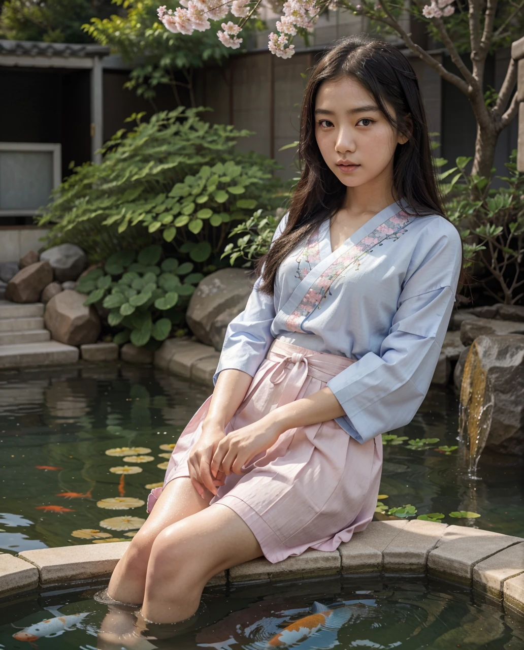 A beautiful, bored Korean teenage girl looking directly into the camera. (best quality, highres, realistic:1.37), detailed eyes, detailed lips, slight smile, flawless skin. She has long, straight black hair cascading over her shoulders. She is wearing a traditional Korean hanbok with intricate floral embroidery. The hanbok is made of vibrant silk fabric in shades of pink, purple, and blue. The girl is standing against a backdrop of a serene Korean garden with blooming cherry blossom trees and a small pond with colorful koi fish swimming. The garden is bathed in soft, golden sunlight, casting a warm glow on the girl's face. The overall color palette of the image is pastel and harmonious, emphasizing the girl's natural beauty and the peaceful atmosphere of the scene.