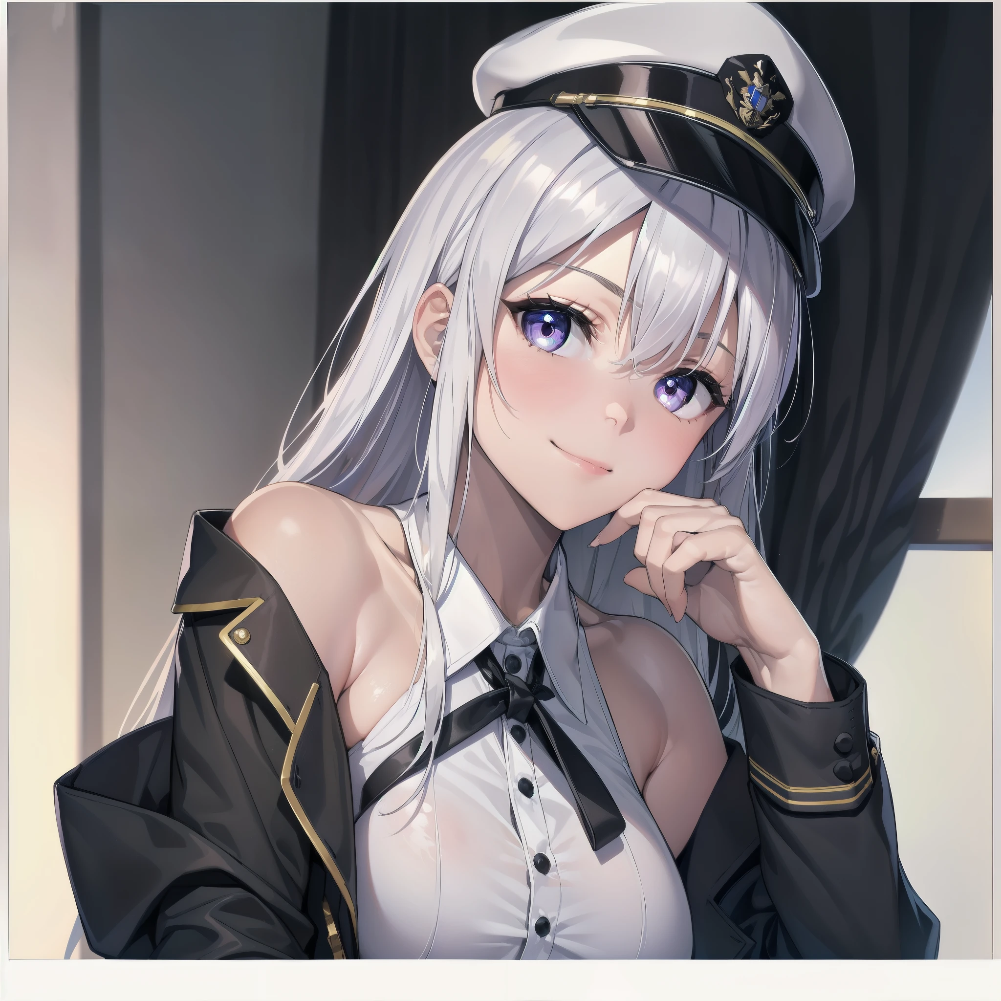 1girl,male_pov,big_breasts,lavender_eyes,white hair,Face turning to the left,Looking at the viewer,white military hat,Hand on cap,small face, high_detailed_hands,high_res, high_definition,long hair, Bare shoulders, bare shoulders,Black tie,White shirt,small smile,Black jacket,((big_breast:1.5)),((lewd face:1.3))