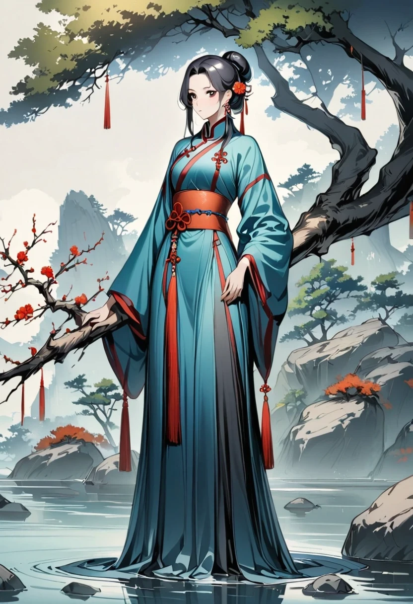 manganese,1 Girl,Solitary,Long hair,water,Black Hair,jewelry,Hair Bun,earrings,Chinese clothes,Hanfu,Hair accessories,flower,Branches,Long sleeve,skirt,rock,sash,single Hair Bun,Tree,whole body,permanent,