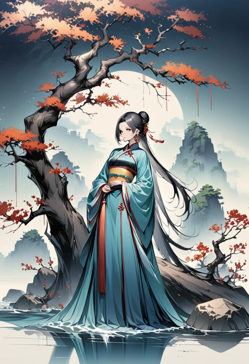 manganese,1 Girl,Solitary,Long hair,water,Black Hair,jewelry,Hair Bun,earrings,Chinese clothes,Hanfu,Hair accessories,flower,Branches,Long sleeve,skirt,rock,sash,single Hair Bun,Tree,whole body,permanent,