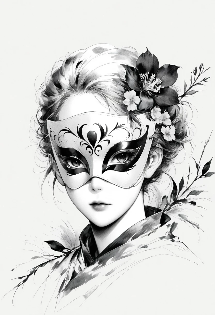 (Anime line drawing:1.5)，(Black and White:1.45)，Minimalism，(Line art:1.6)，sketch，charcoal drawing，mask，flower