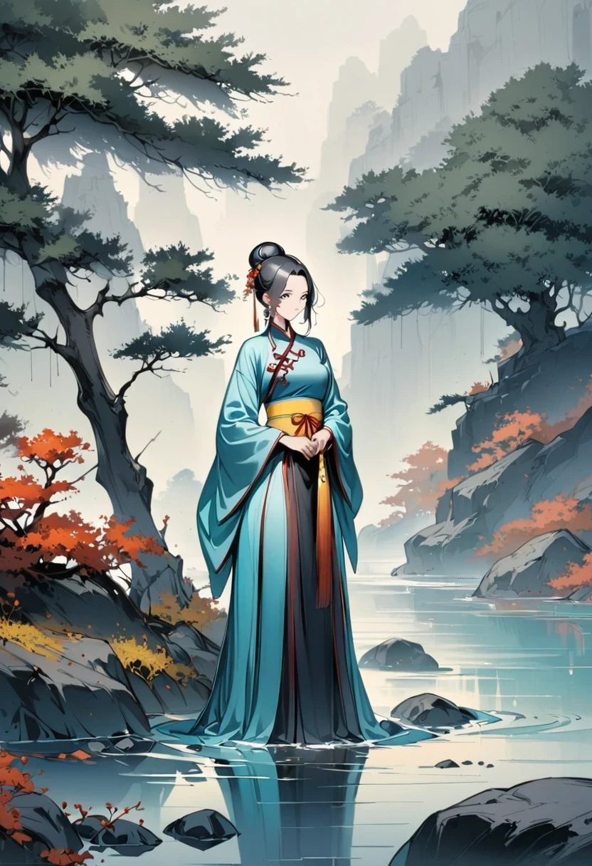 manganese,1 Girl,Solitary,Long hair,water,Black Hair,jewelry,Hair Bun,earrings,Chinese clothes,Hanfu,Hair accessories,flower,Branches,Long sleeve,skirt,rock,sash,single Hair Bun,Tree,whole body,permanent,
