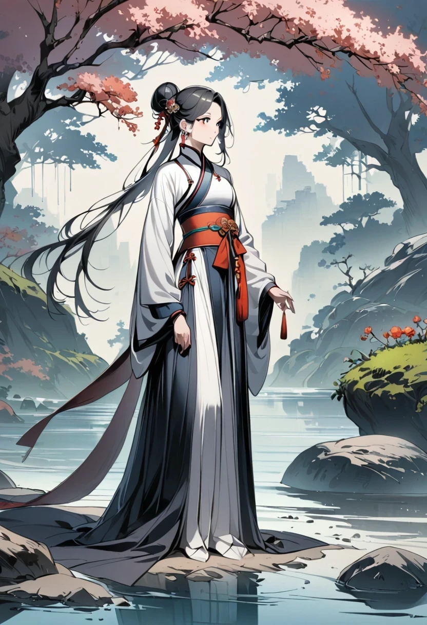 manganese,1 Girl,Solitary,Long hair,water,Black Hair,jewelry,Hair Bun,earrings,Chinese clothes,Hanfu,Hair accessories,flower,Branches,Long sleeve,skirt,rock,sash,single Hair Bun,Tree,whole body,permanent,