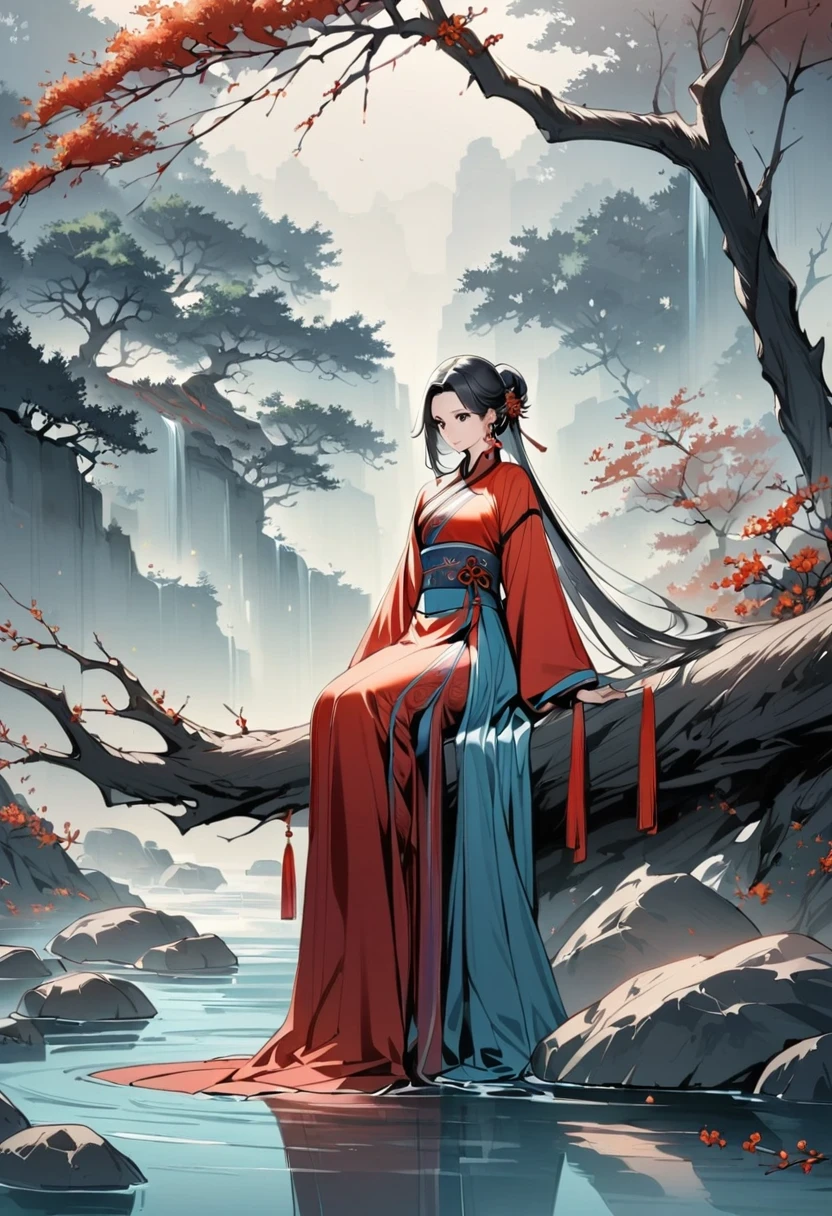 manganese,1 Girl,Solitary,Long hair,water,Black Hair,jewelry,Hair Bun,earrings,Chinese clothes,Hanfu,Hair accessories,flower,Branches,Long sleeve,skirt,rock,sash,single Hair Bun,Tree,whole body,permanent,