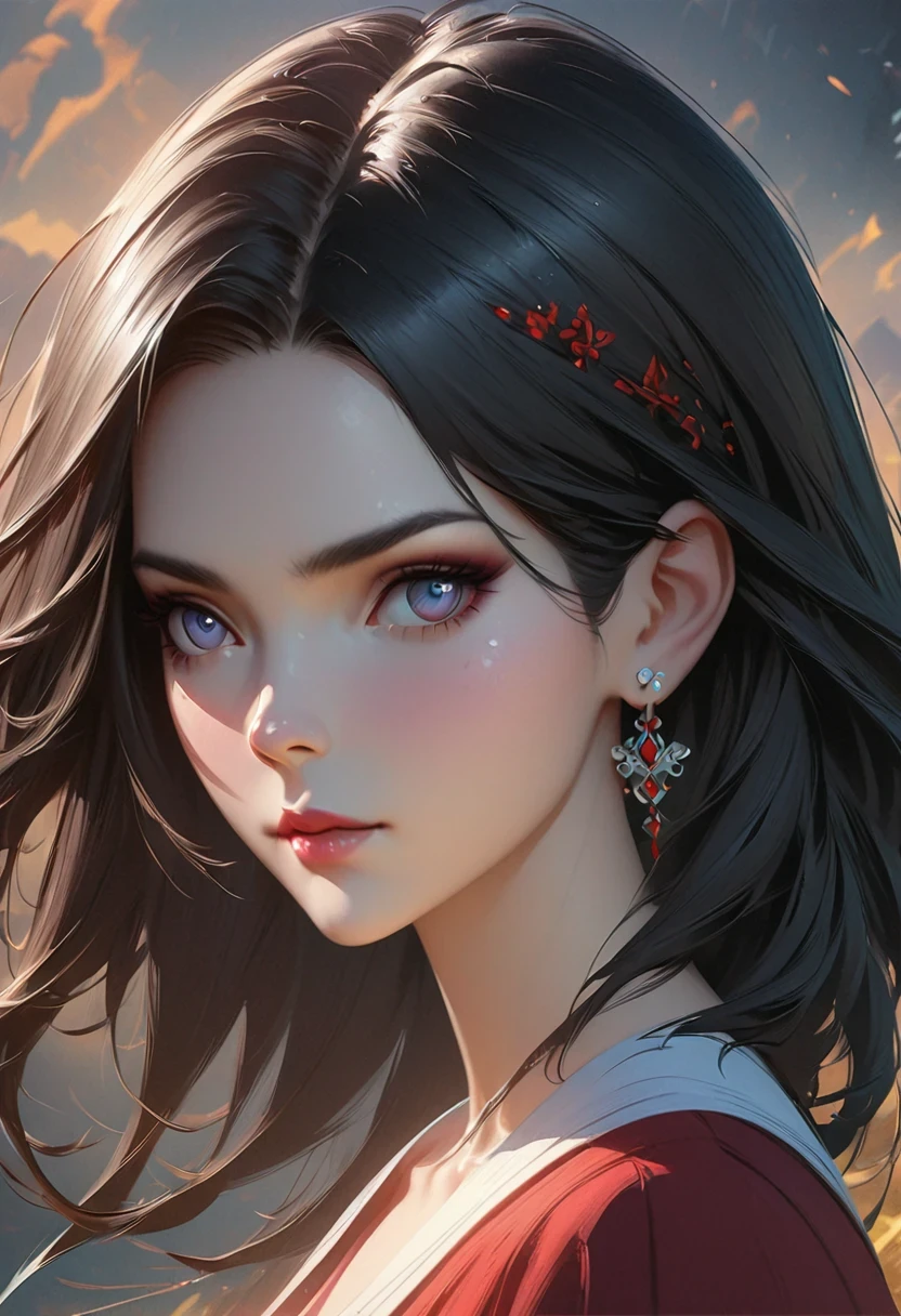 Has long black hair、Wearing a red dress、Anime girl wearing earrings, Guvitz-style artwork, Guvitz, Detailed digital anime art, Guweiz in Pixiv ArtStation, Guweiz on Artstation Pixiv, Detailed portrait of anime girl, Stunning anime face portraits, author:Yang Jie, Digital anime illustration, Anime style 4K,