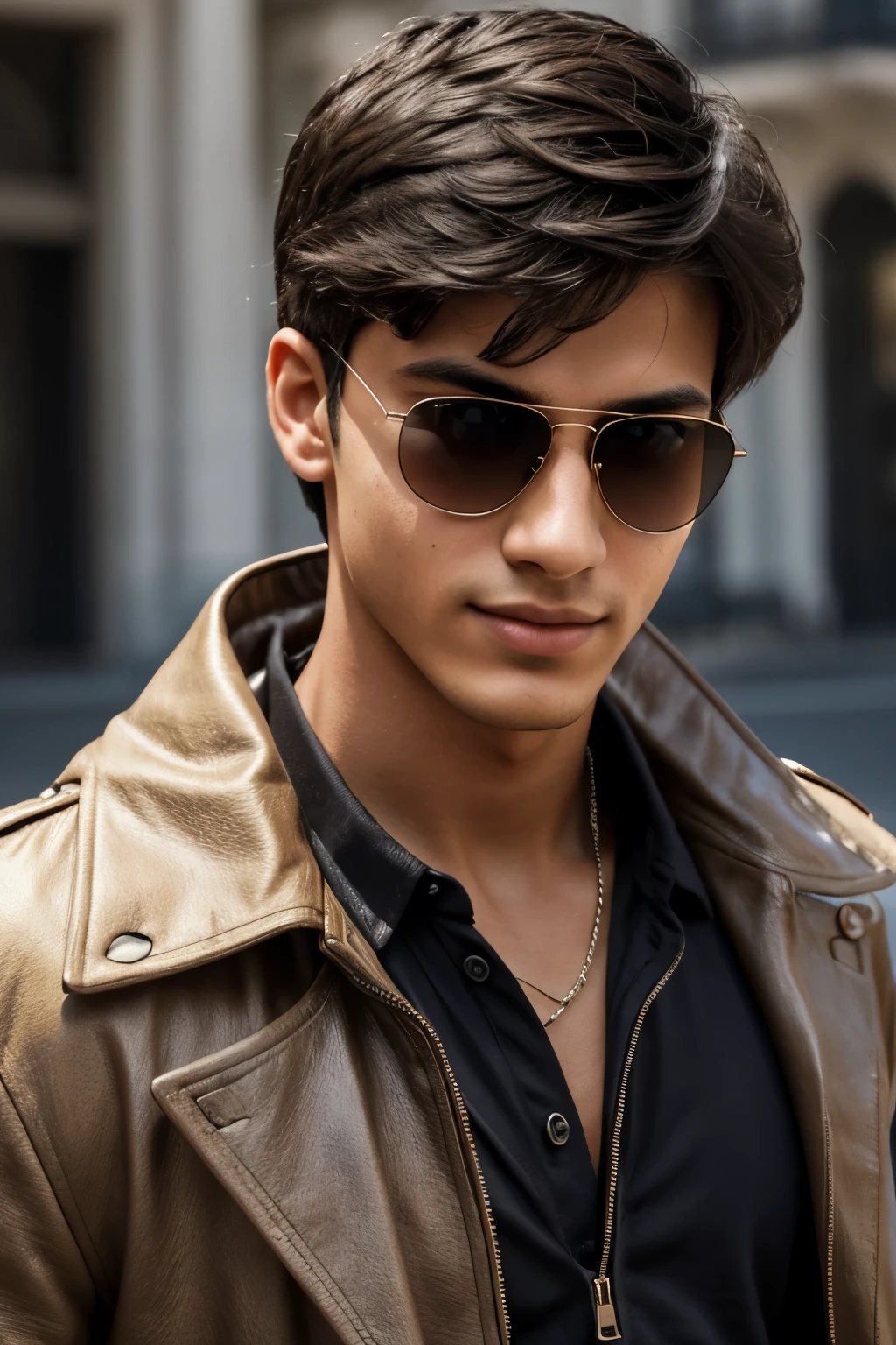 A cinematic photo of a  men with Arab and european features, A young man with short, dark hair, dressed in stylish yet understated clothing. His piercing gaze is framed by sunglasses, often concealing a glint of excitement. His confident demeanor and sly smile give the impression of someone constantly in control of the situation. , wearing a slight smile, fair-skinned, broad shoulders, mysterious gaze, detailled skin texture, (blush: 0.5), (goosebumps: 0.5), ((best quality)), ((ultra resolution)), ((photorealistic: 1.4)), (intricate details), facial details, front view