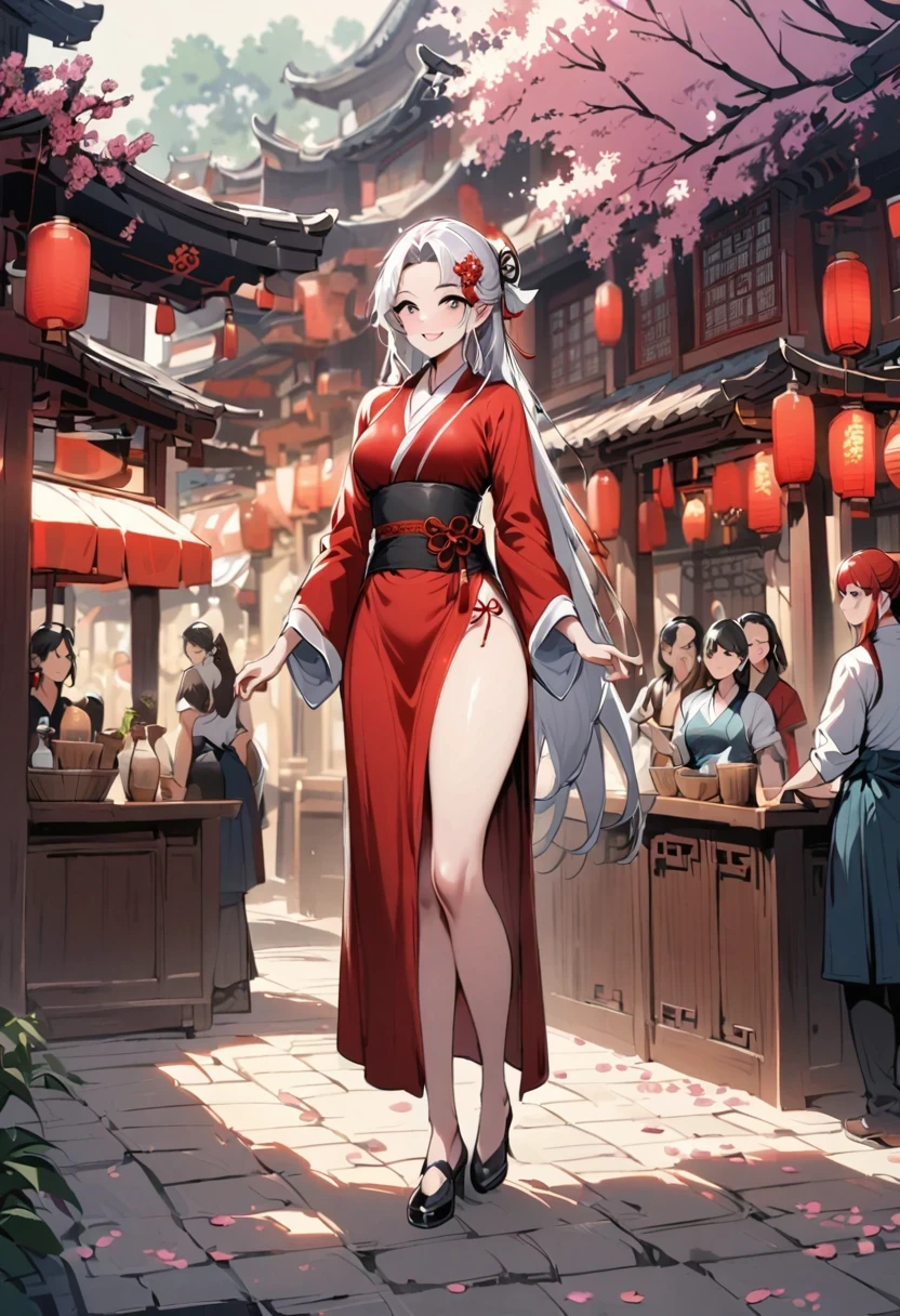 China,Tavern hostess,owner,Red Hanfu,Beautiful hair accessories,Stand up,front,Looking at the audience,Full Body Love,Standing solemnly,Smile,Spring breeze full of petals,Maximum chest,Bare thighs,Fully understand