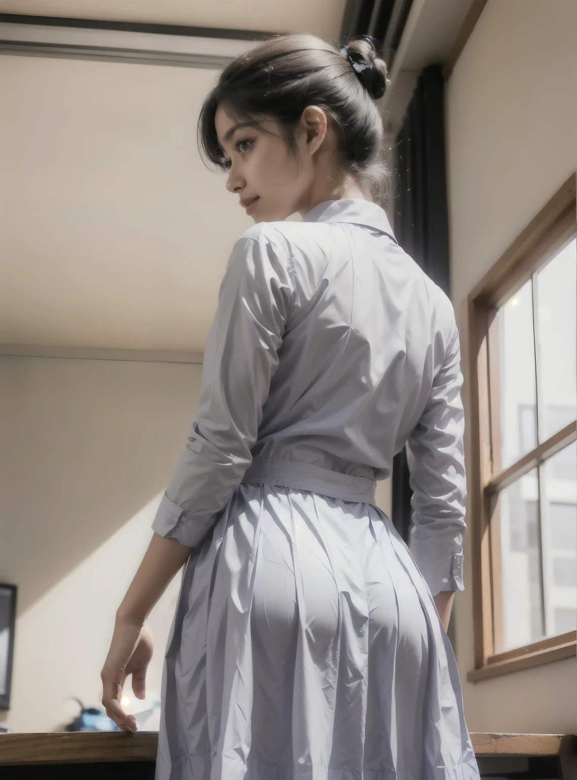 (Best quality, 8k, 32k, Masterpiece, UHD:1.2), 1girl, beautiy Japanese school girl wearing white frock uniform, narrow waist, grey suit, from behind, office room, desk, (stick out one's buttocks:1.2), detailed face, short hair, from below, raise one leg