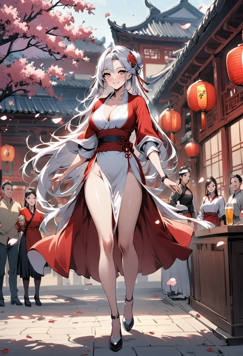 China，Tavern hostess，owner，Red Hanfu，Beautiful hair accessories，Stand up，front，Looking at the audience，Full Body Love，Standing solemnly，Smile，Spring breeze full of petals，Maximum chest，Bare thighs，Fully understand