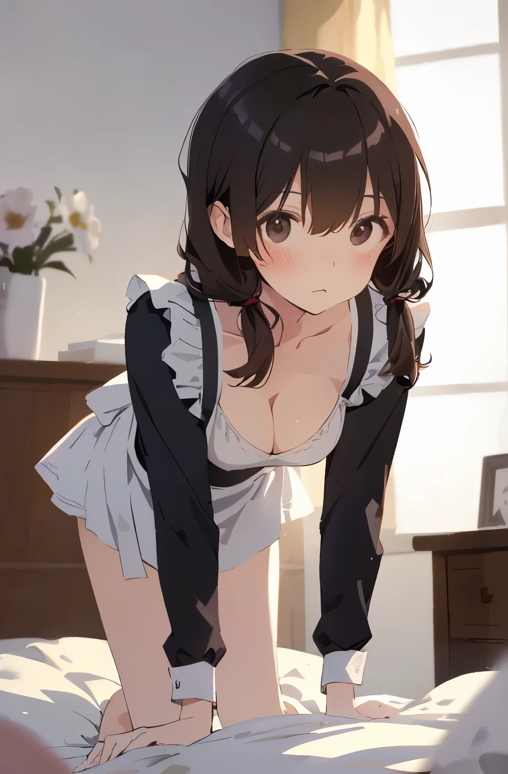 best quality, masterpiece, solo, 1 Female、Age 25、(Soft Bust:1.2)、Larger breasts、(Cleavage)、(Slender figure)、(Maid Style)、white maid underwear、Thighs、(Changing clothes:1.2)、Leaning forward、(On all fours)、(White highlight in pupil:1.2)、Dark reddish brown eyes、(Twin tail hair)、(Black-haired:1.2)、(View your viewers:1.2)、White skin、(blush)、(Embarrassed expression)、Wooden bedroom、Wooden bed、(I blur the background a lot to make the woman stand out.:1.3)、(The sunlight shines in)、(Beautiful flowers in the background)