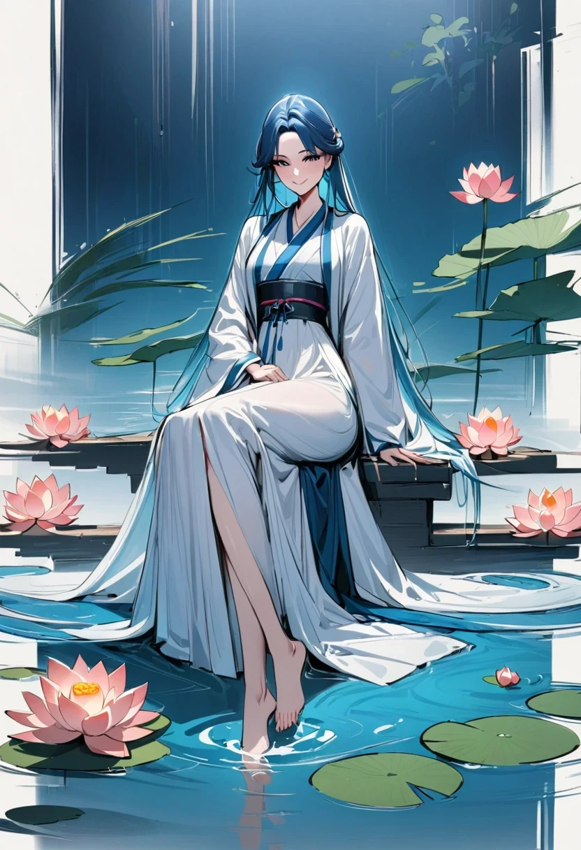 ((4K,masterpiece,best quality)), Bisim, Traditional Chinese ink painting, lotus, Hanfu, maxiskit, Dress conservatively 1girl, Solitary, Blue long hair, Smile, permanent, Feet in water, barefoot,