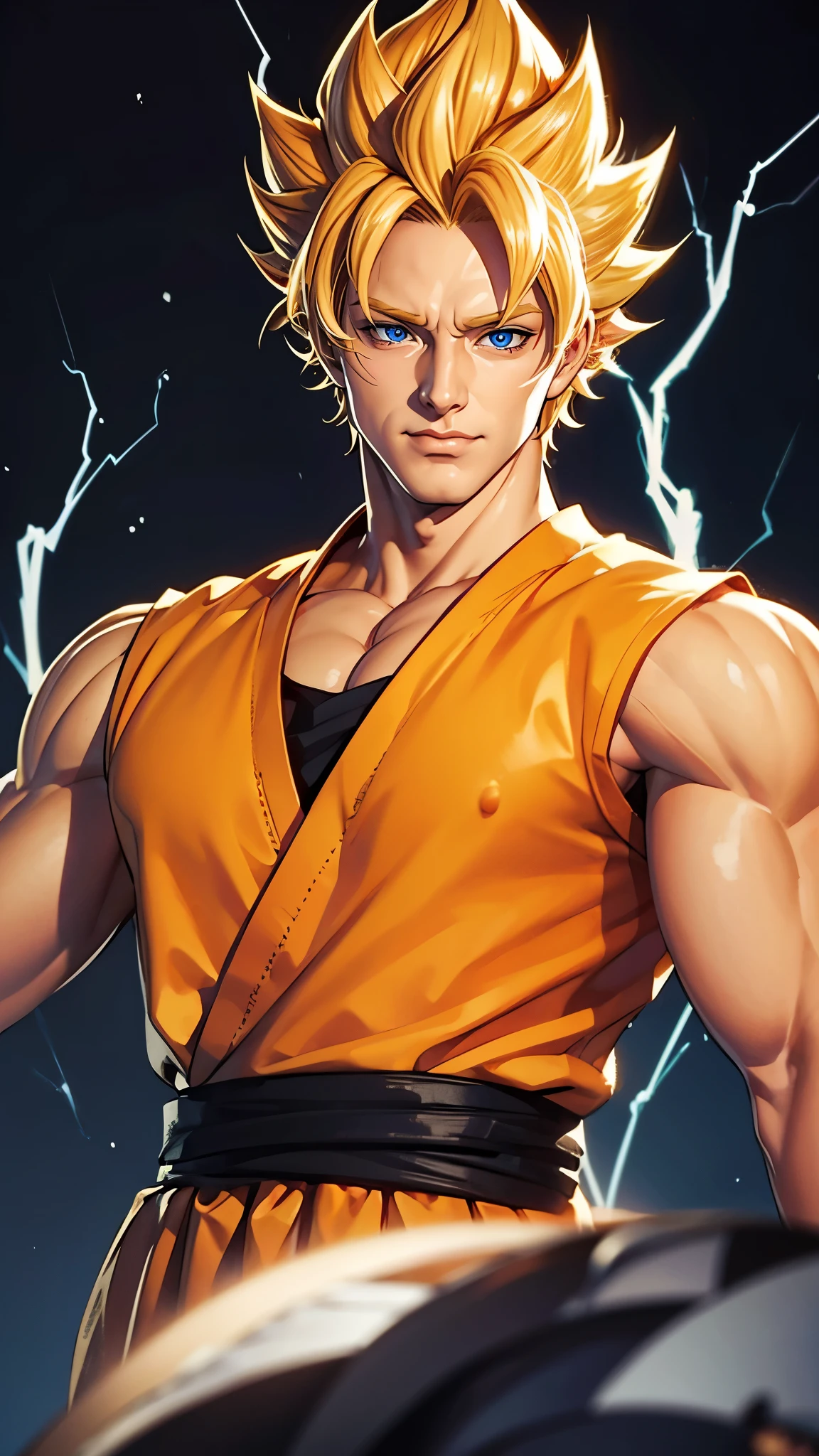 （（（完美figure，figure，solo， （（（super saiyan, muscular,  spiked hair, orange uniform,））），（（（son goku, blond hair, blue eyes,））），((masterpiece)),high resolution, ((Best quality at best))，masterpiece，quality，Best quality，（（（ Exquisite facial features，Looking at the audience,There is light in the eyes，(（（Smile））)，）））））），（（（Light and shadow，muscle））），（（（Looking at the camera，black background，White skin，Cold White Paper，lightning）））