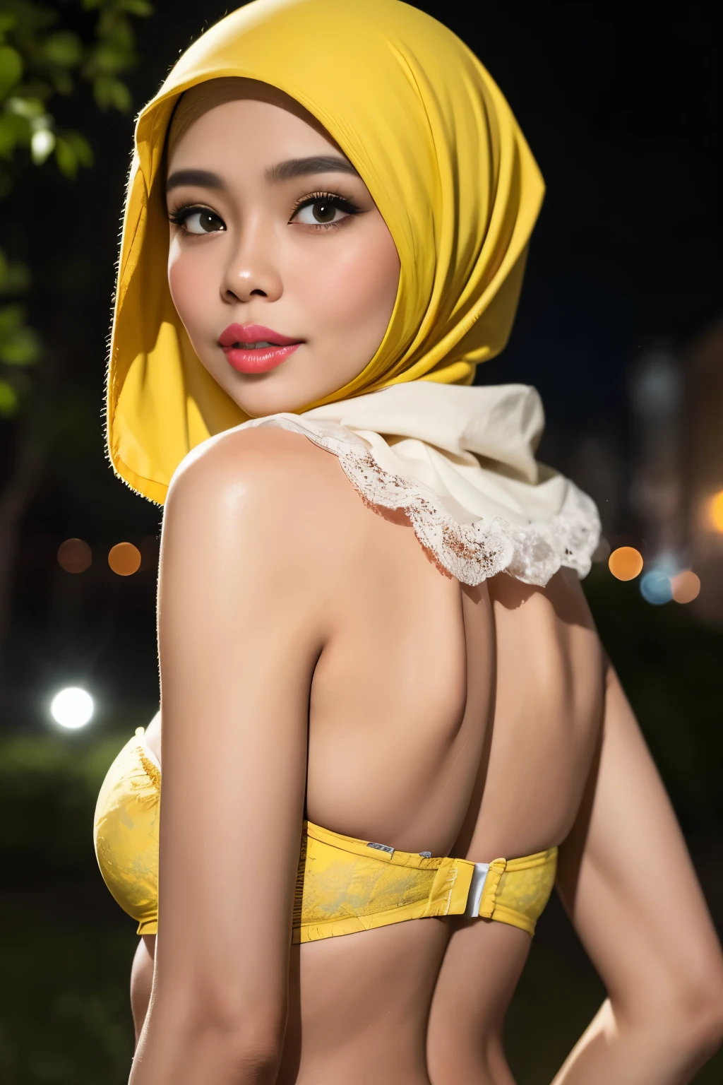 ((thick lips:1.7)), Lace, (Happy smile), (((HIJAB MALAY GIRL))), masutepiece, High quality, UHD 32K, Realistic face, Realistic skin feeling , A Japanese Lady, 8 , , Very cute and baby-like face, (((FLAT CHEST))), (Night time at forest), ((look In front at the camera and SADNESS)), (((FLUORESCENCE))), (((CUTE GIRL))), ((YELLOW LIPS)), ((Floral Pattern)) little wearing strapless bra, strapless colorful bra, dark night horror scary place (from behind up) seductive pose