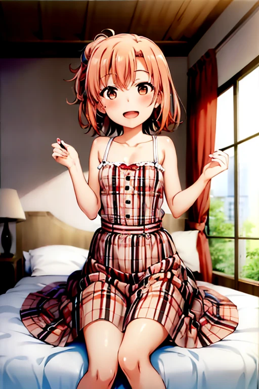 ((highest quality)), ((masterpiece)), (be familiar with), Perfect Face, indoor, Bedroom, Watching the audience,
One woman, Yuigahama Yui,
Open Mouth, Ecstatic expression, blush, smile,
Small breasts, Flat Chest, Young Girl, , , Girl,
Short Hair, Salmon-colored hair, Salmon-colored eyes, Side Pony,
Leg spread,