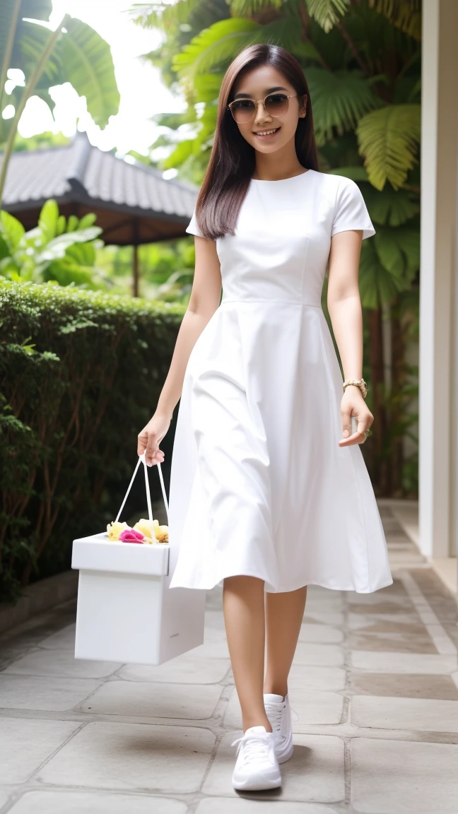 Gorgeous, cute face, happy face, indonesian 25 Yo top model girl in white dress and white sneakers & sunglasses walking while holding a white box at home yard pathway