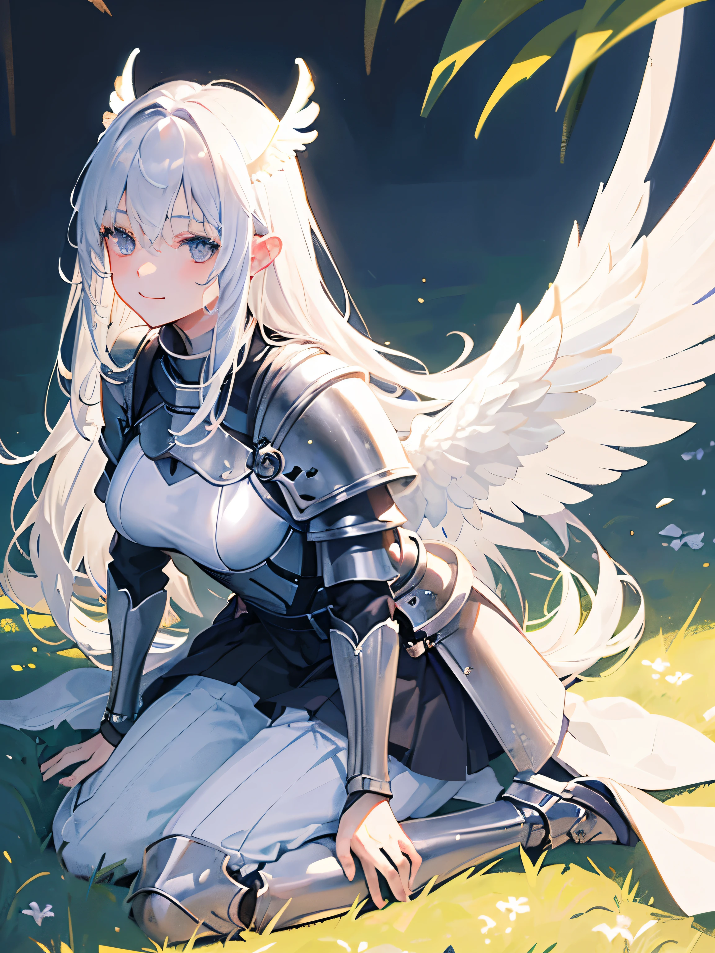 1girl, white Blue straight hair, ((intense gray eyes)), (Detailed face), Full body, (( full knight armored )), medieval, (grasslands bakcground), masterpiece, pants, (cute face), (beautiful), cute smile, ((two white angel wings))