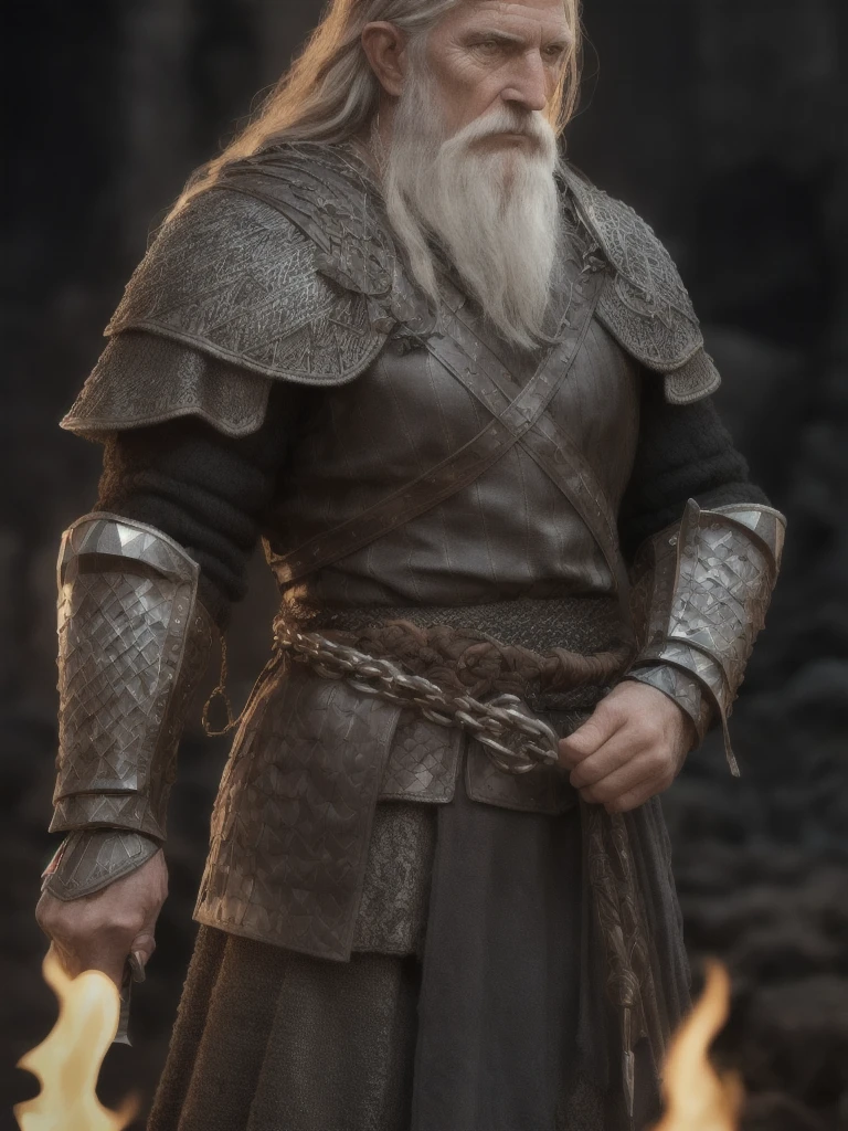 (Highest quality:1.3), cinematic shot, masterpiece, (sharp focus:1.5), (photorealistic:1.3),  medium portrait of (a weary-looking but still proud and fierce-looking old Viking warrior, now the leader of his village, dressed in elaborately detailed chain mail and leather armour, a few torches burn on the walls, giving the scene a dark atmosphere but sculpting the forms in sharp chiaroscuro), it is night time, (highly detailed skin),  (detailed face), detailed background, dark lighting, twilight lighting, volumetric lighting,  intricate details, UHD, realistic hands