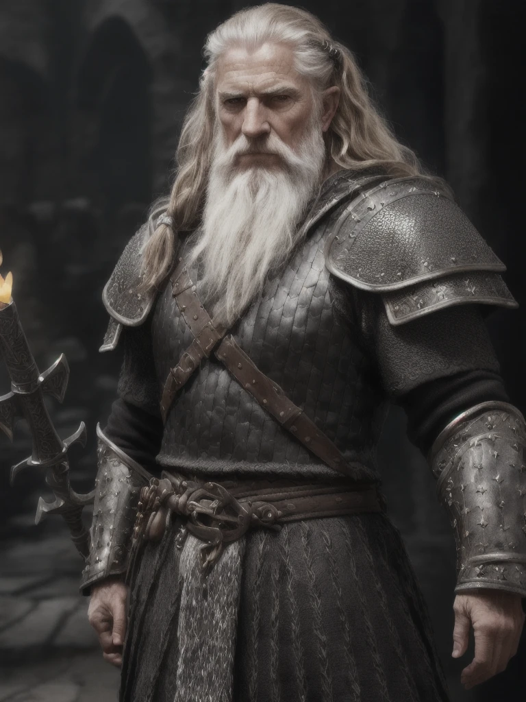 (Highest quality:1.3), cinematic shot, masterpiece, (sharp focus:1.5), (photorealistic:1.3),  medium portrait of (a weary-looking but still proud and fierce-looking old Viking warrior, now the leader of his village, dressed in elaborately detailed chain mail and leather armour, a few torches burn on the walls, giving the scene a dark atmosphere but sculpting the forms in sharp chiaroscuro), it is night time, (highly detailed skin),  (detailed face), detailed background, dark lighting, twilight lighting, volumetric lighting,  intricate details, UHD, realistic hands