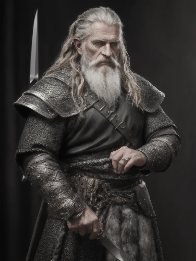 (Highest quality:1.3), cinematic shot, masterpiece, (sharp focus:1.5), (photorealistic:1.3),  medium portrait of (a weary-looking but still proud and fierce-looking old Viking warrior, now the leader of his village, dressed in elaborately detailed chain mail and leather armour, a few torches burn on the walls, giving the scene a dark atmosphere but sculpting the forms in sharp chiaroscuro), it is night time, (highly detailed skin),  (detailed face), detailed background, dark lighting, twilight lighting, volumetric lighting,  intricate details, UHD, realistic hands