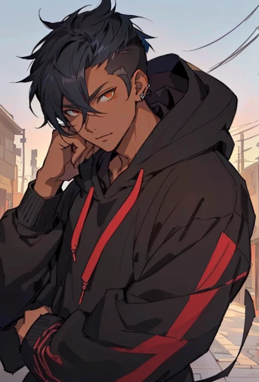 (Best quality, 8k, 32k, Masterpiece, UHD:1.2) dark skin boy with earphones and a hoodie listening to music, young anime man, inspired by Okumura Masanobu, inspired by Okumura Togyu, as an anime character, ear piercings, black camo hoodie, striped shirt, undercut hairstyle, faded haircut, anime boy with black bowcut hair and a hoodie with a red eye, anime boy, young anime man, detailed anime character art, inspired by Okumura Masanobu, trigger anime artstyle, handsome guy in demon slayer art, detailed digital anime art, anime moe artstyle, badass anime 8 k, high quality anime artstyle, anime art wallpaper 8 k