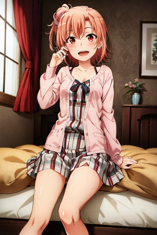 ((highest quality)), ((masterpiece)), (be familiar with), Perfect Face, indoor, Bedroom, Watching the audience,
One woman, Yuigahama Yui,
Open Mouth, Ecstatic expression, blush, smile,
Small breasts, Flat Chest, Young Girl, , , Girl,
Short Hair, Salmon-colored hair, Salmon-colored eyes, Side Pony,
Leg spread,