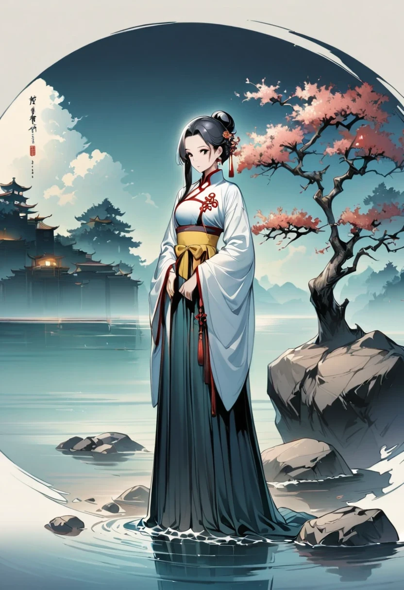 manganese,1 Girl,Solitary,Long hair,water,Black Hair,jewelry,Hair Bun,earrings,Chinese clothes,Hanfu,Hair accessories,flower,Branches,Long sleeve,skirt,rock,sash,single Hair Bun,Tree,whole body,permanent,