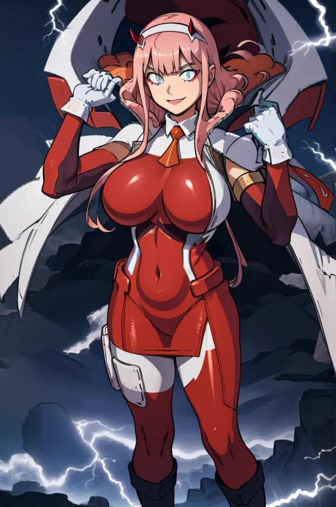 masterpiece, best quality, IncrsLowTier, electricity, glowing eyes zerotwo horns, hairband, necktie, red dress, pantyhose horns, hairband, red bodysuit, armlet, mecha horns, hairband, white bodysuit, white gloves, cap, red dress, white gloves, jacket on shoulders, pantyhose, cyber_armor body_suit,huge_breast, tall female, fulll body, sun light, smile,, sun aura,, boots, standing, smile, lips, red lips,,,{best quality}, {amazing quality} {best quality},{amazing quality},, {absurdres},{{highres}}, {very aesthetic}, {detailed}, curvy, tall, huge breast, character focus, white background,full-length portrait,, huge hips, huge muscles, huge thighs, curvaceous, venus figure,full body, full portrait