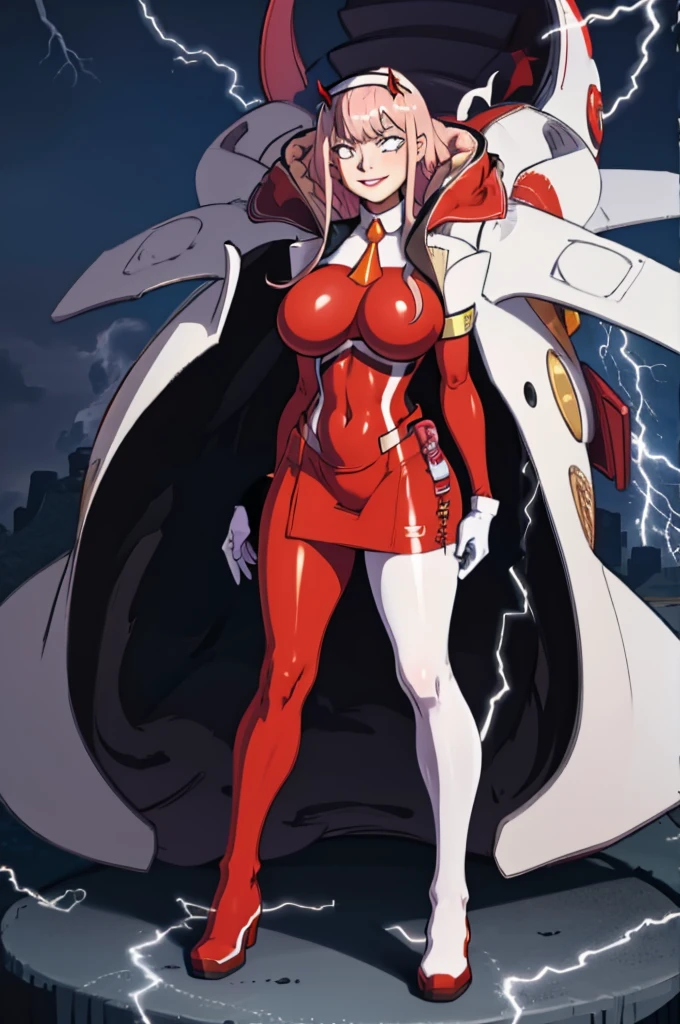 masterpiece, best quality, IncrsLowTier, electricity, glowing eyes zerotwo horns, hairband, necktie, red dress, pantyhose horns, hairband, red bodysuit, armlet, mecha horns, hairband, white bodysuit, white gloves, cap, red dress, white gloves, jacket on shoulders, pantyhose, cyber_armor body_suit,huge_breast, tall female, fulll body, sun light, smile,, sun aura,, boots, standing, smile, lips, red lips,,,{best quality}, {amazing quality} {best quality},{amazing quality},, {absurdres},{{highres}}, {very aesthetic}, {detailed}, curvy, tall, huge breast, character focus, white background,full-length portrait,, huge hips, huge muscles, huge thighs, curvaceous, venus figure,full body, full portrait