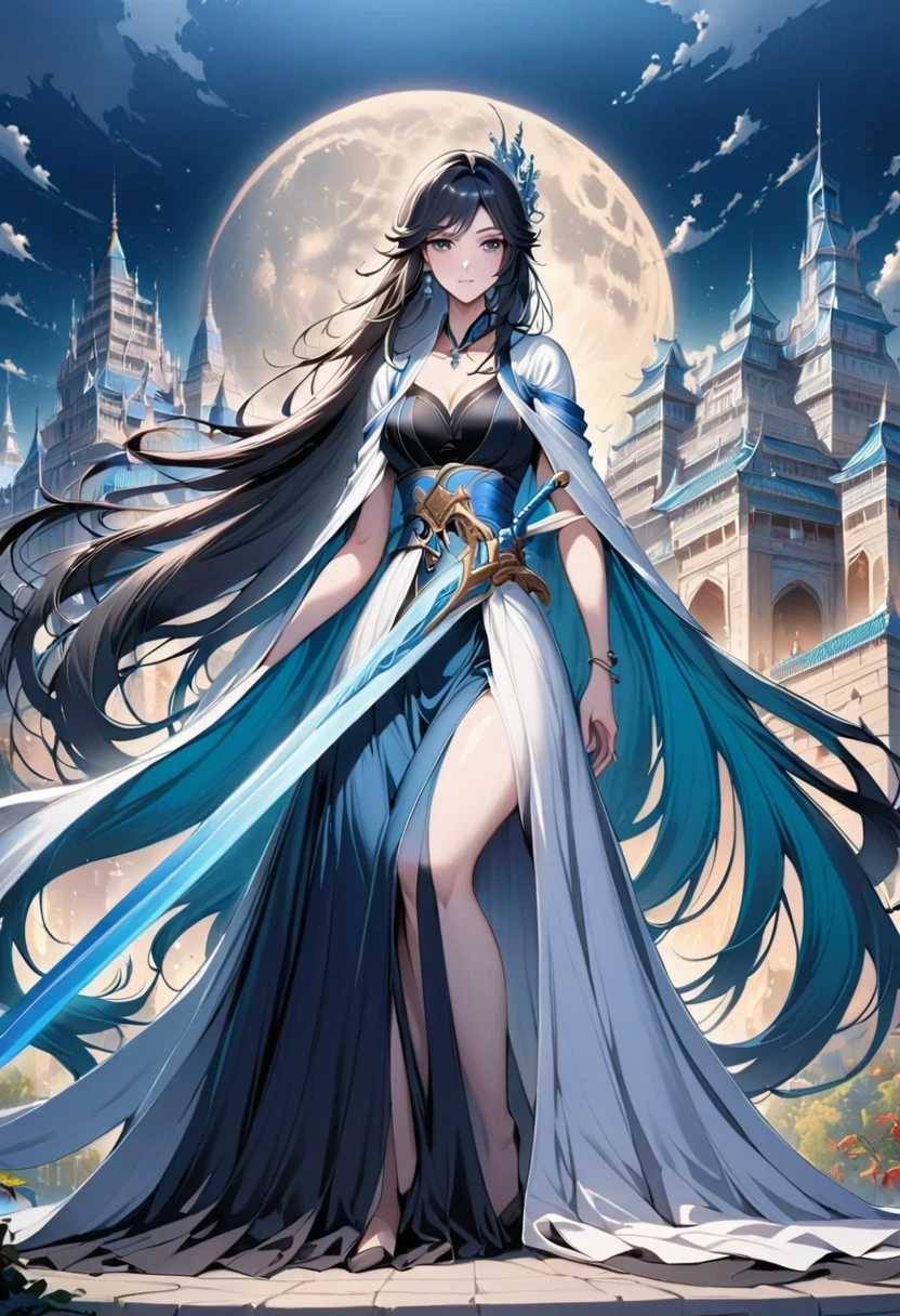 The blue sword girl before the full moon, Fairy tale fantasy, Anime girl with long hair and blue skirt, beautiful girl ((beautiful fantasy queen)), full body Chinese Paladin, palace, Girl wearing Hanfu, Inspired by Lan Ying, Fairy tale fantasy, Chinese Paladin, Black Jersey, Beautiful character painting