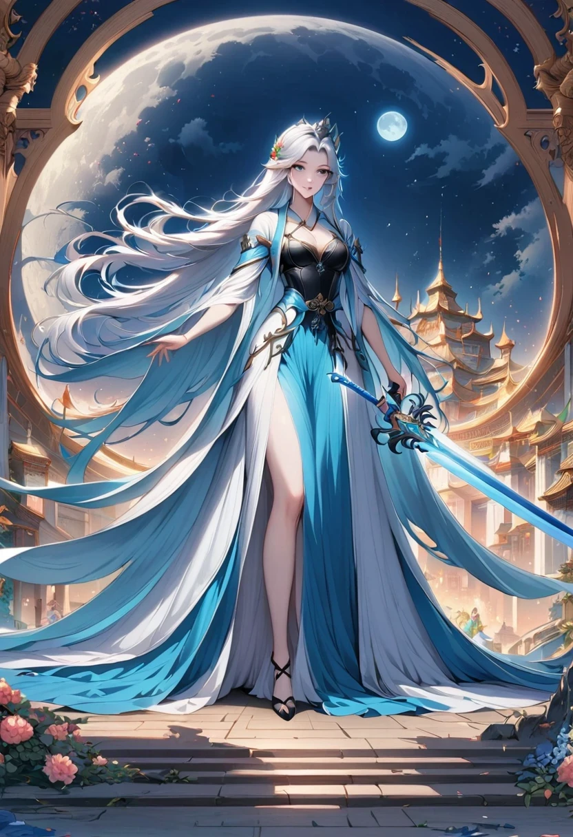 The blue sword girl before the full moon, Fairy tale fantasy, Anime girl with long hair and blue skirt, beautiful girl ((beautiful fantasy queen)), full body Chinese Paladin, palace, Girl wearing Hanfu, Inspired by Lan Ying, Fairy tale fantasy, Chinese Paladin, Black Jersey, Beautiful character painting