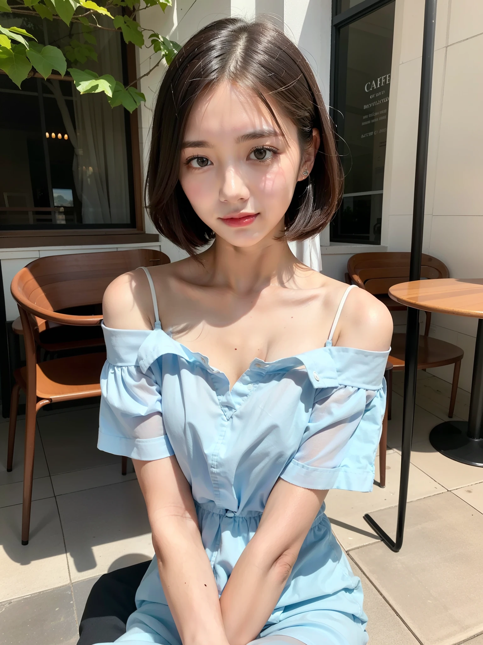((Best of the highest quality, 8k, Masterpiece: 1.3, raw photo)), Sharp focus, (1 AESPA, slim body type female, 21 y/o: 1.1), (Solo: 1.2), (realistic, photo-realistic:1.37), face focus, cute face, finely eyes, (small breasts, flat chest, Thigh: 1.3), (short messy hair: 1.28), (off shoulder chiffon dress: 1.2), sitting, terrace dining, cafe, sun light, flower,