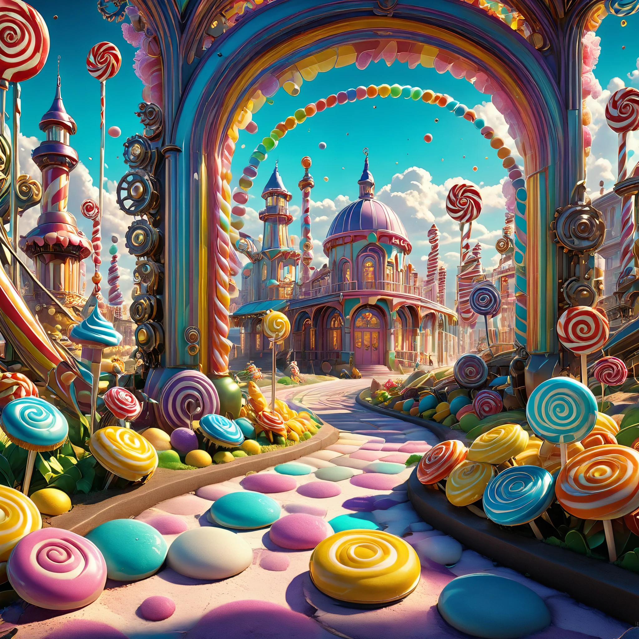 candy city,Giorgio de Chirico style,elongated shadows,surreal juxtapositions,gears, candy structures,(best quality,4k,8k,highres,masterpiece:1.2),ultra-detailed,(realistic,photorealistic,photo-realistic:1.37),HDR,UHD,studio lighting,ultra-fine painting,sharp focus,physically-based rendering,extreme detail description,professional,vivid colors,bokeh,portraits,landscape,horror,anime,sci-fi,photography,concept artists,color palette,lighting effects.