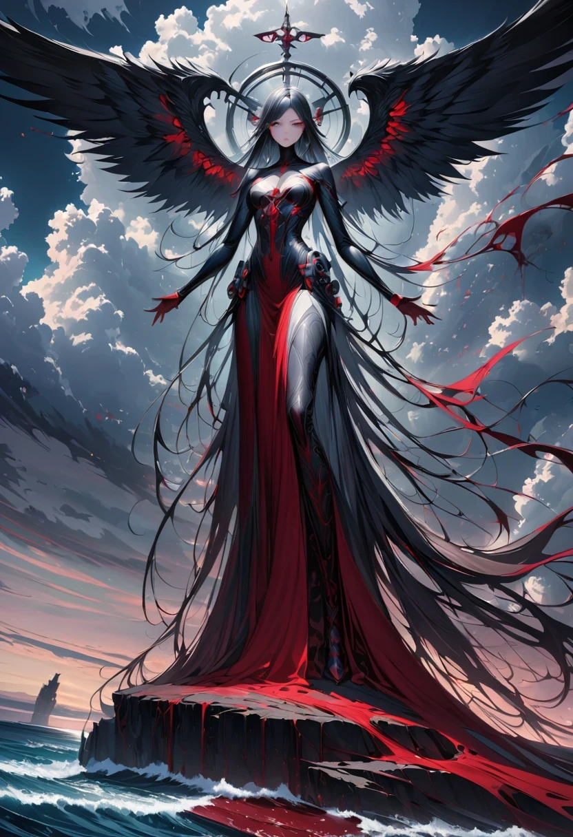 black、White、Blue and Red,(best quality, Super detailed, high resolution, Extremely detailed CG),Wide-angle lens,Dead angel standing on the edge of a cliff,She is beautiful,She likes blood and the ocean,Blood Rain, mystery,Fanatic, Wheels within wheels, Surreal,Beautifully