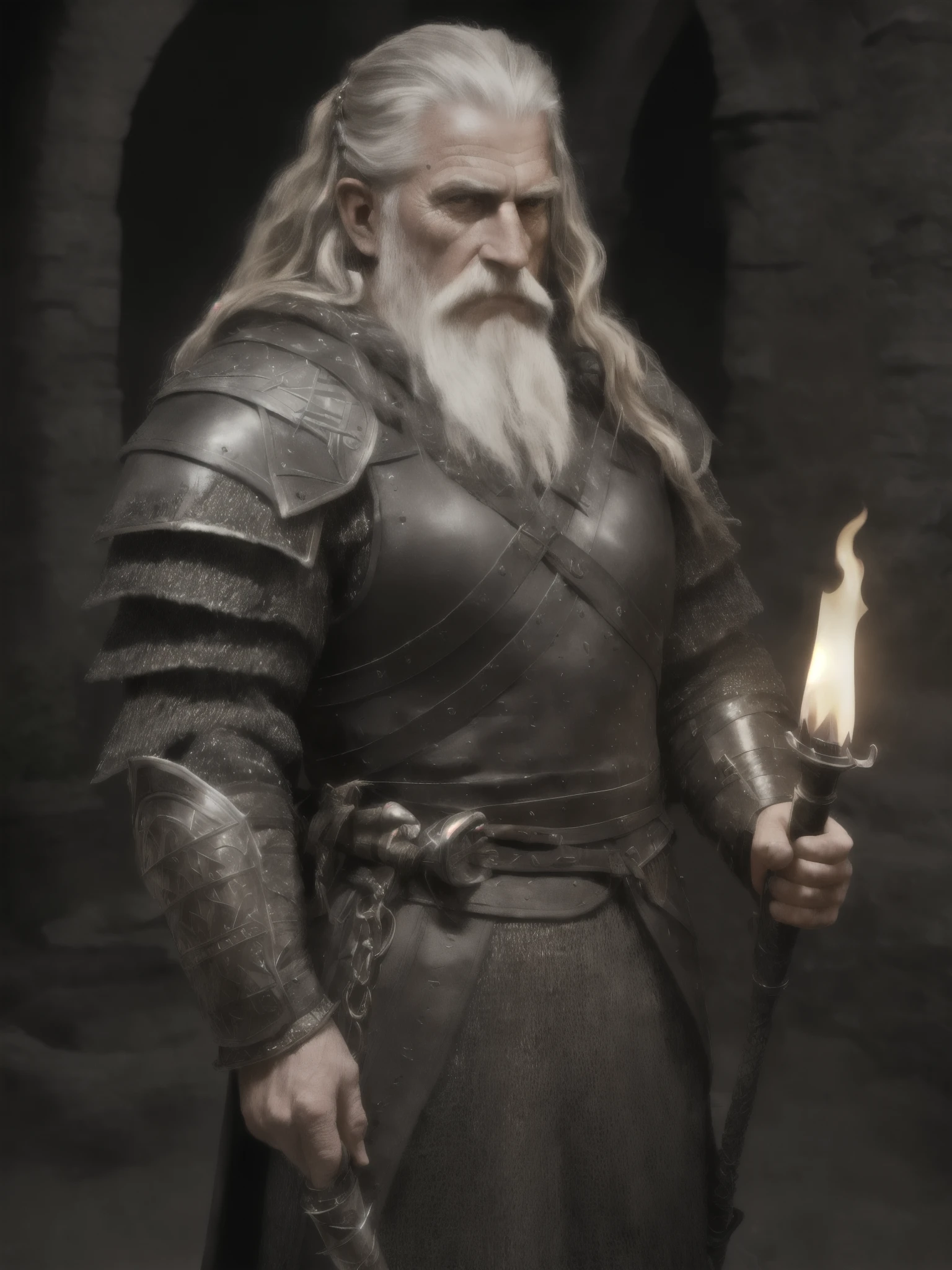 (Highest quality:1.3), cinematic shot, masterpiece, (sharp focus:1.5), (photorealistic:1.3), medium portrait of (a weary-looking but still proud and fierce-looking old Viking warrior, now the leader of his village, dressed in elaborately detailed chain mail and leather armour, a few torches burn on the walls, giving the scene a dark atmosphere but sculpting the forms in sharp chiaroscuro), it is night time, (highly detailed skin), (detailed face), detailed background, dark lighting, twilight lighting, volumetric lighting, intricate details, UHD, realistic hands
