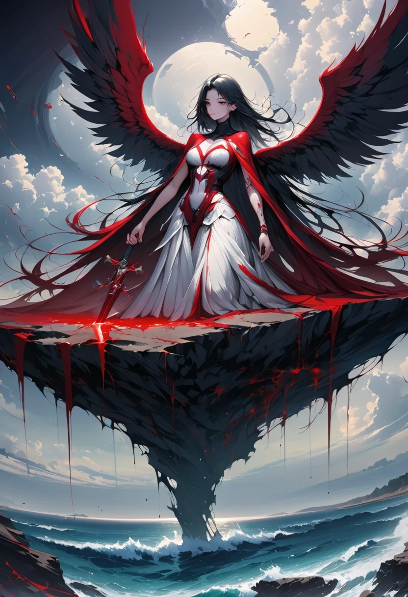 black、White、Blue and Red,(best quality, Super detailed, high resolution, Extremely detailed CG),Wide-angle lens,Dead angel standing on the edge of a cliff,She is beautiful,She likes blood and the ocean,Blood Rain, mystery,Fanatic, Wheels within wheels, Surreal,Beautifully