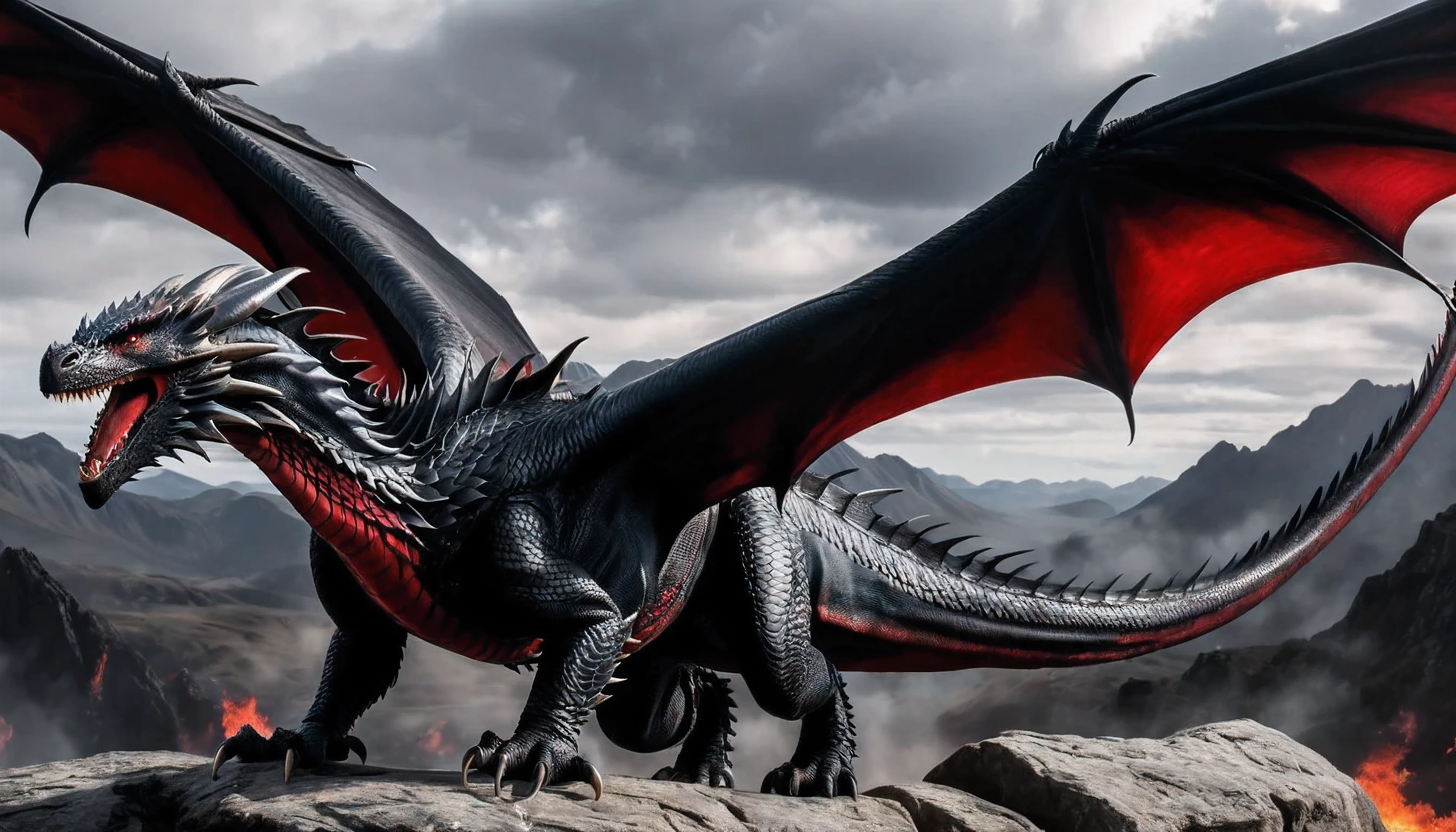 Center Full body shot, best quality, realistic. Drogon is the largest of Targaryen's dragons. His black scales are slashed with streaks of vivid scarlet red. His horns and wings are also scarlet red, and his eyes are red as coals. As typical of dragons, his teeth are black. His flame is black fire shot with red. The span of his wings is three times the length of his body, and most of his body appears to be neck, tail, and wing.